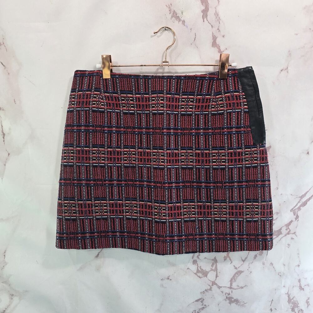 Claudie Pierlot Skirt Womens 40 US 8 Medium Red Blue Tweed Tapestry Leather